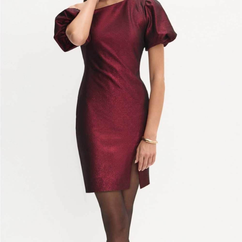 Adrianna Papell Shimmery Burgundy Puff-Sleeve Mini Dress